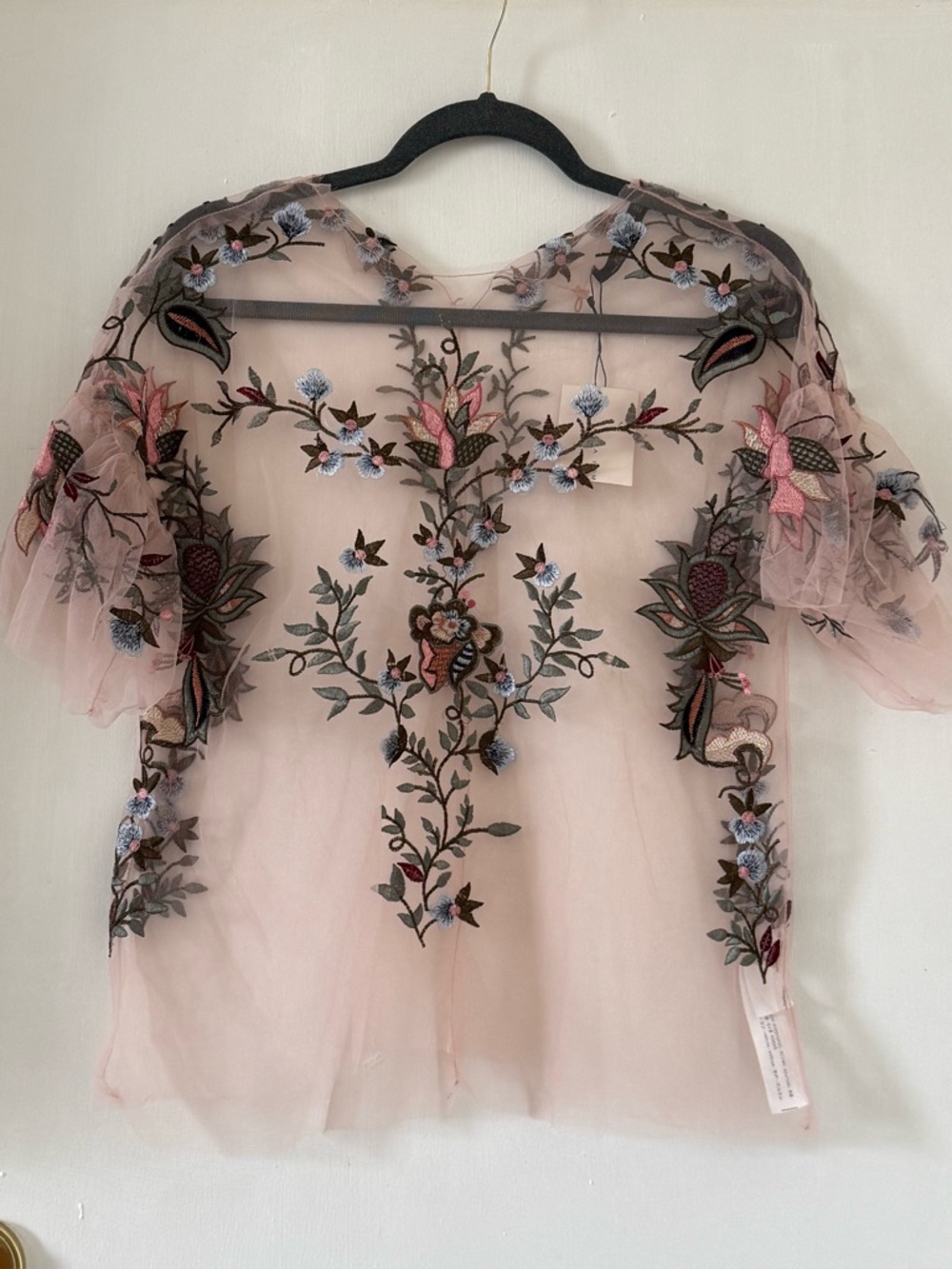 Zara Embroidered Sheer Floral Appliqué Top in Blush Pink NWT